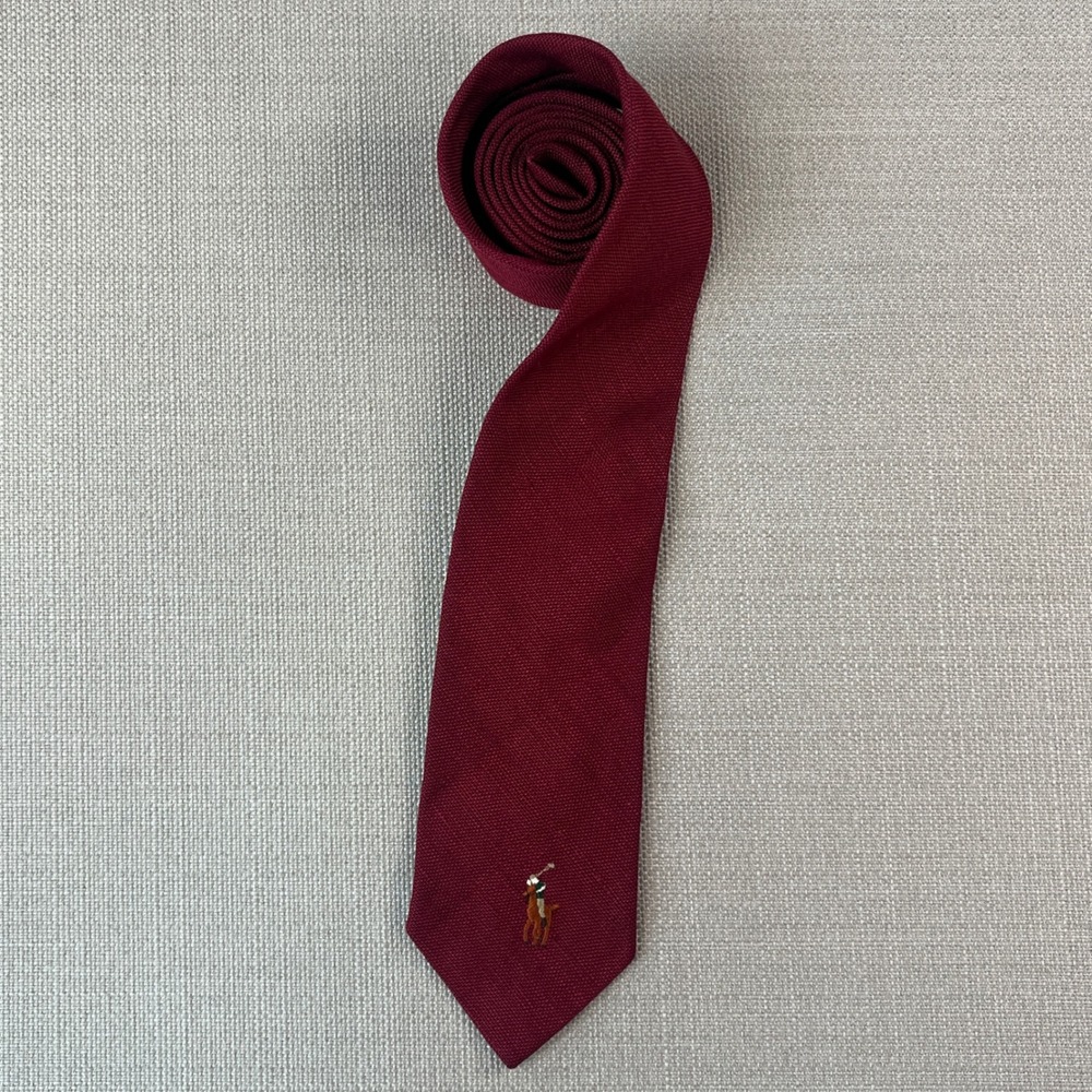 Vintage Polo Ralph Lauren Necktie Mens Burgundy 100% Linen Pony Logo Saks Fifth
